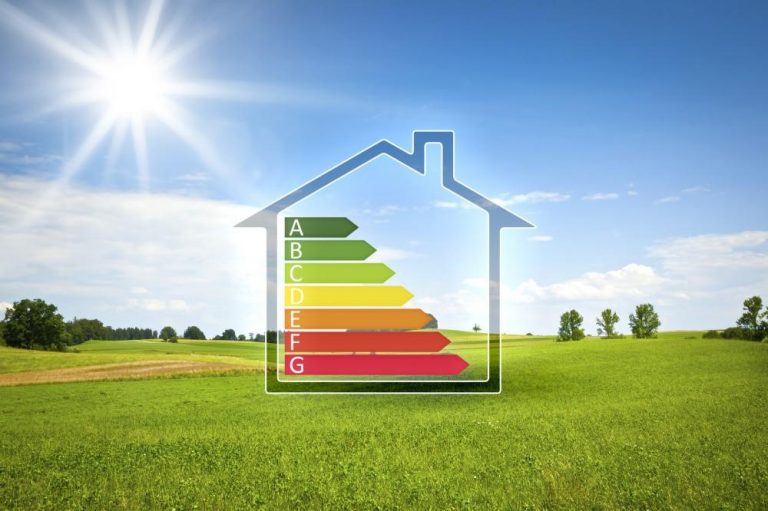 An illustration of a home depicting an energy efficiency graph.
